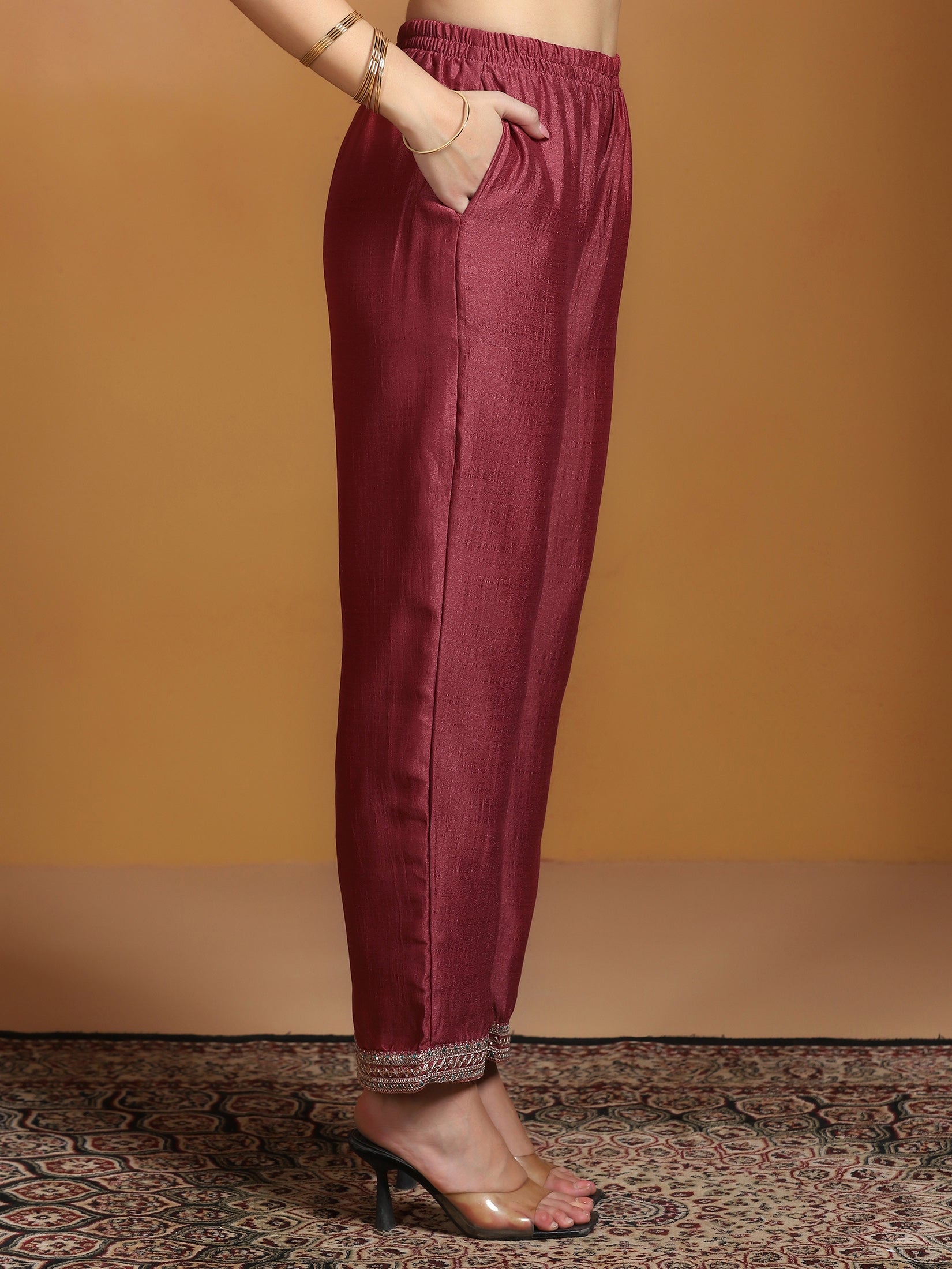 Women Chinon Rust Embroidered Kurta Comfort Pant Dupatta