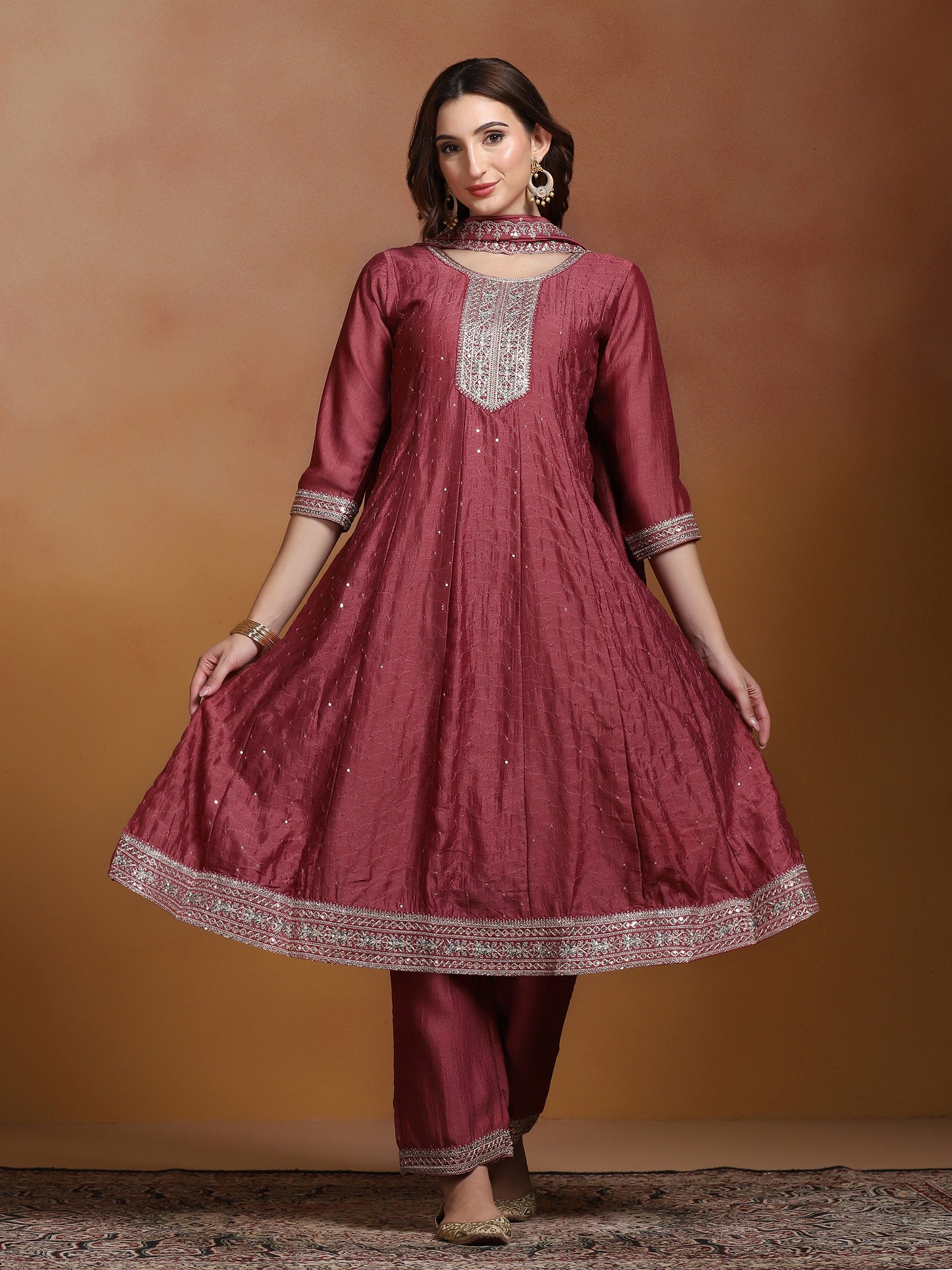 Women Chinon Rust Embroidered Kurta Comfort Pant Dupatta