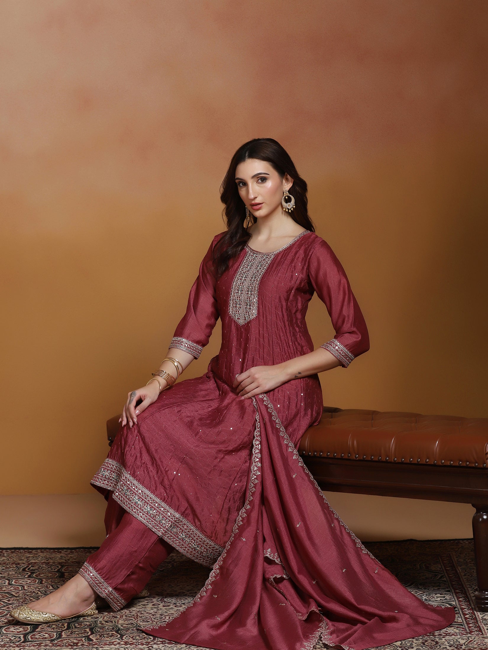 Women Chinon Rust Embroidered Kurta Comfort Pant Dupatta