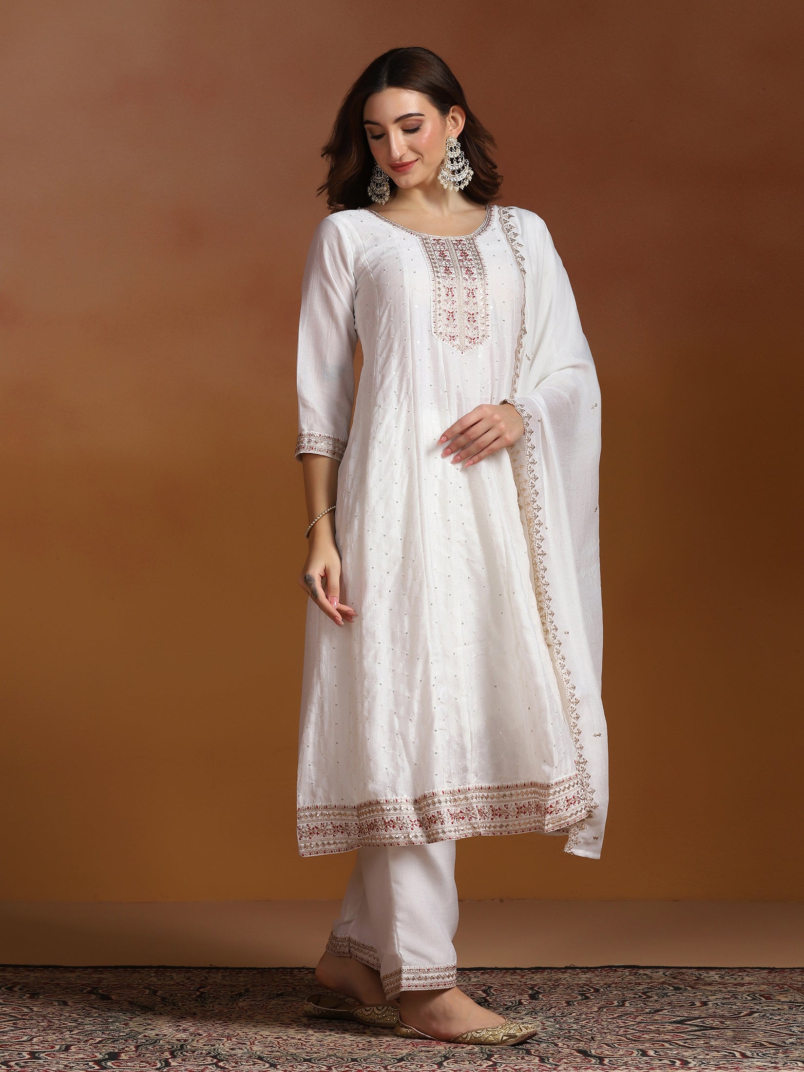 Women Chinon White Embroidered Kurta Comfort Pant Dupatta