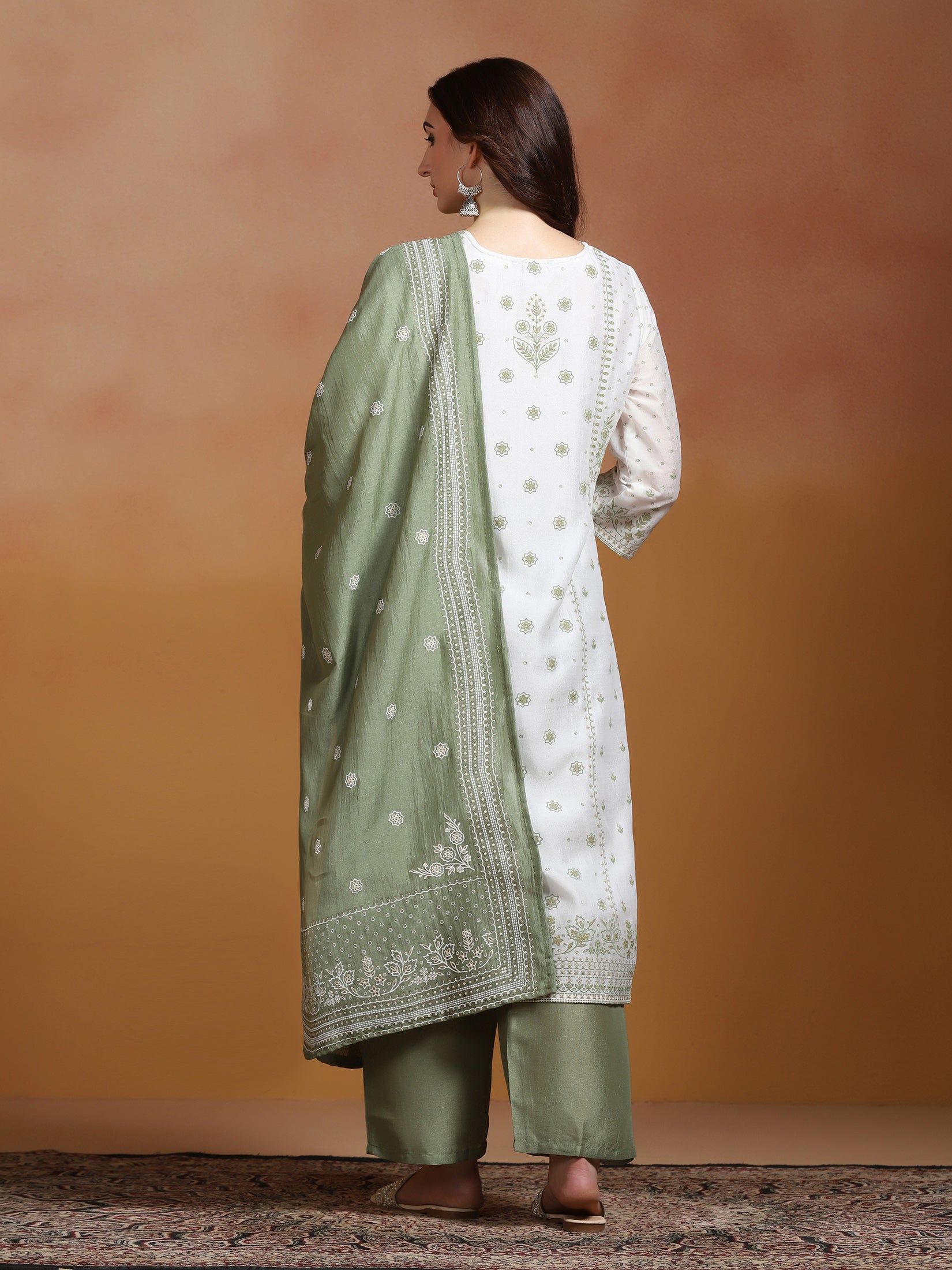 Women Poly Viscose Off White and Green Embroidered Kurta Comfort Pant Dupatta