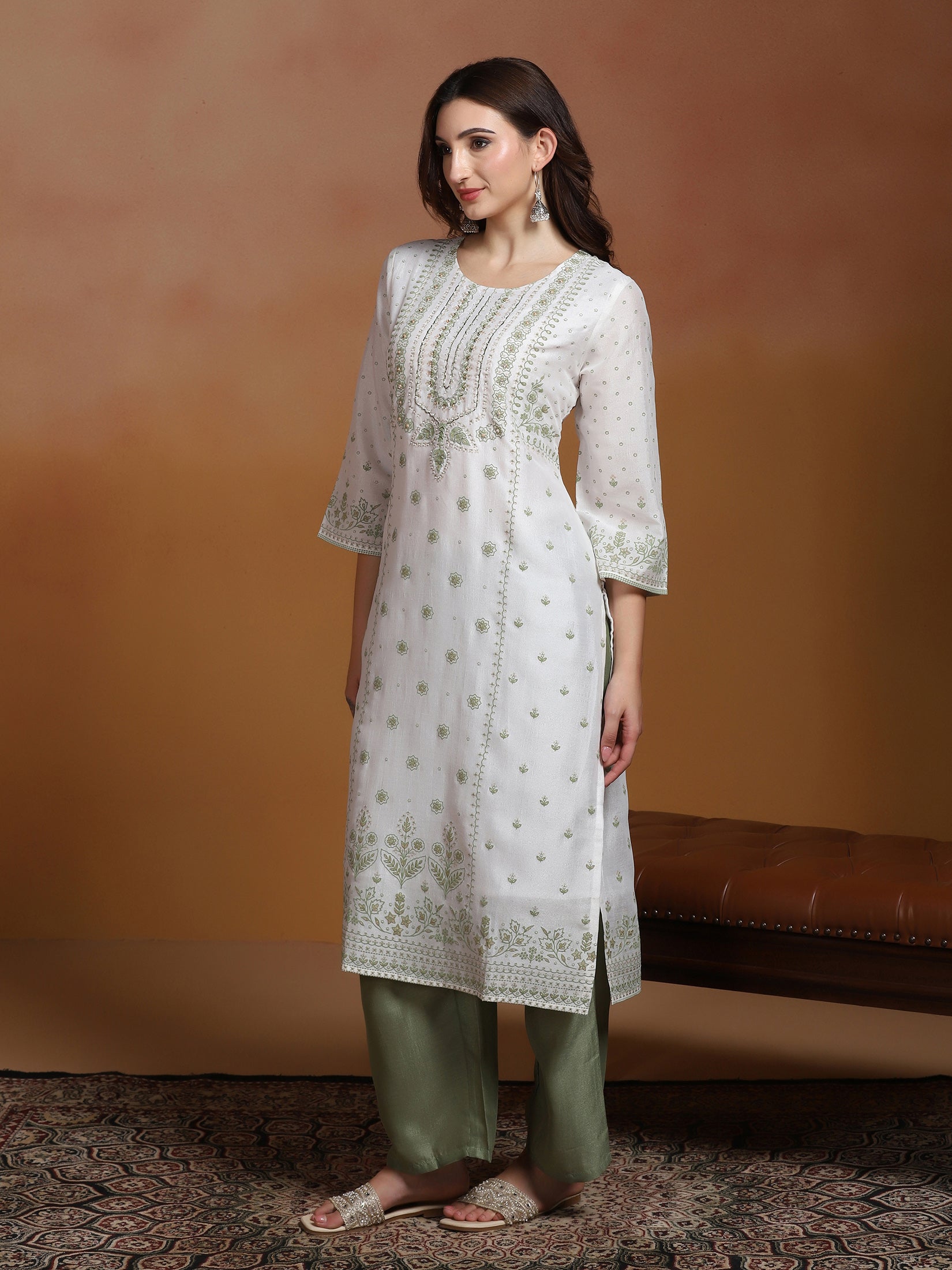 Women Poly Viscose Off White and Green Embroidered Kurta Comfort Pant Dupatta