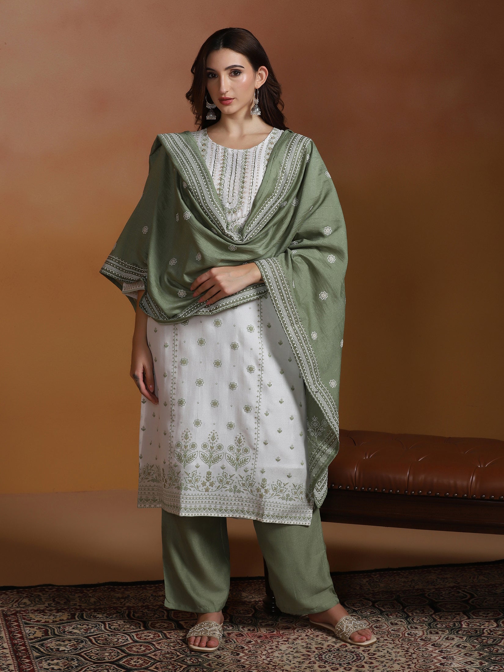 Women Poly Viscose Off White and Green Embroidered Kurta Comfort Pant Dupatta