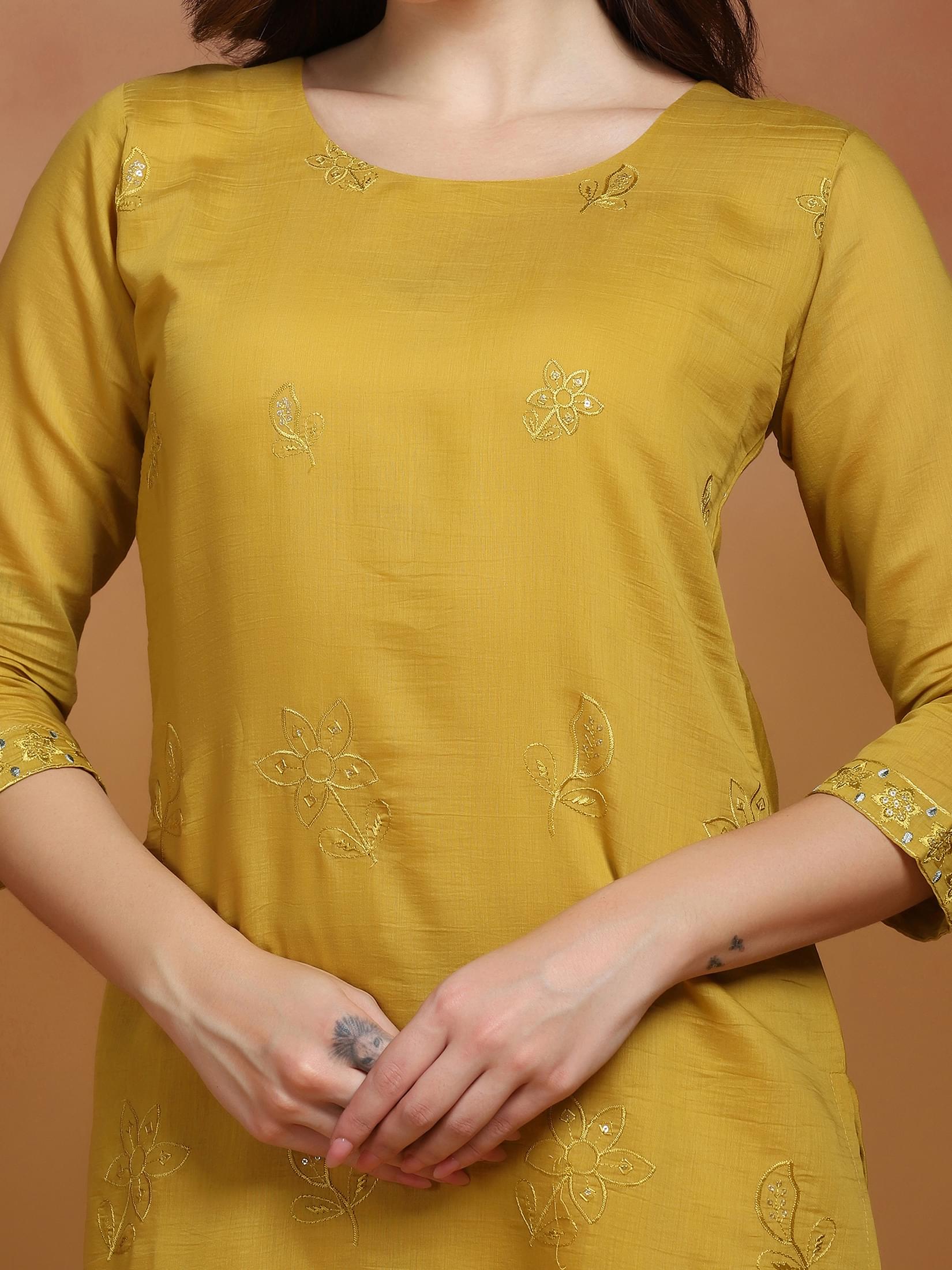 Women Mull Chanderi Mustard Embroidered Kurta Comfort Pant Dupatta.