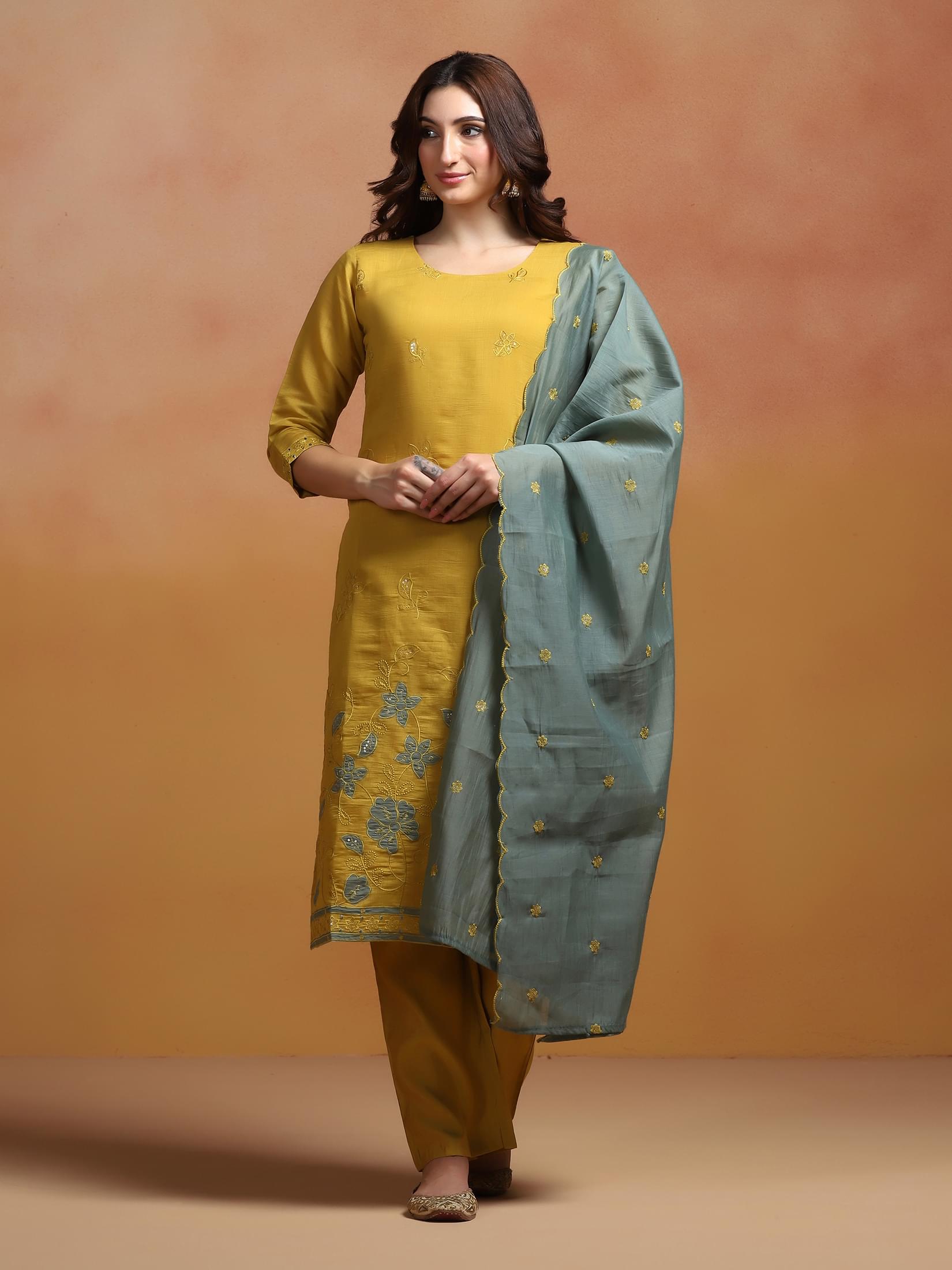 Women Mull Chanderi Mustard Embroidered Kurta Comfort Pant Dupatta.