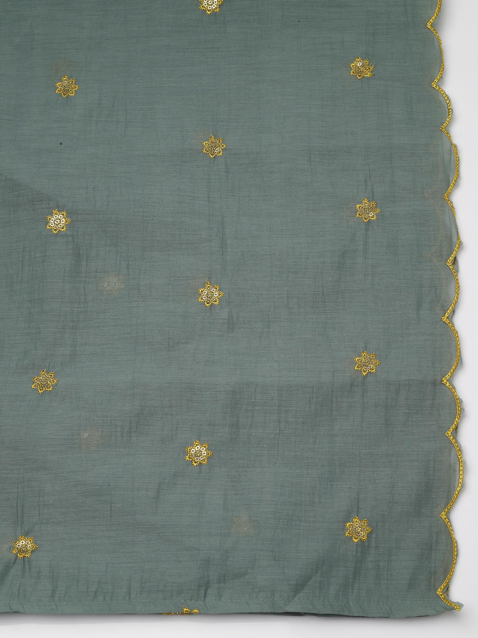 Women Mull Chanderi Mustard Embroidered Kurta Comfort Pant Dupatta.