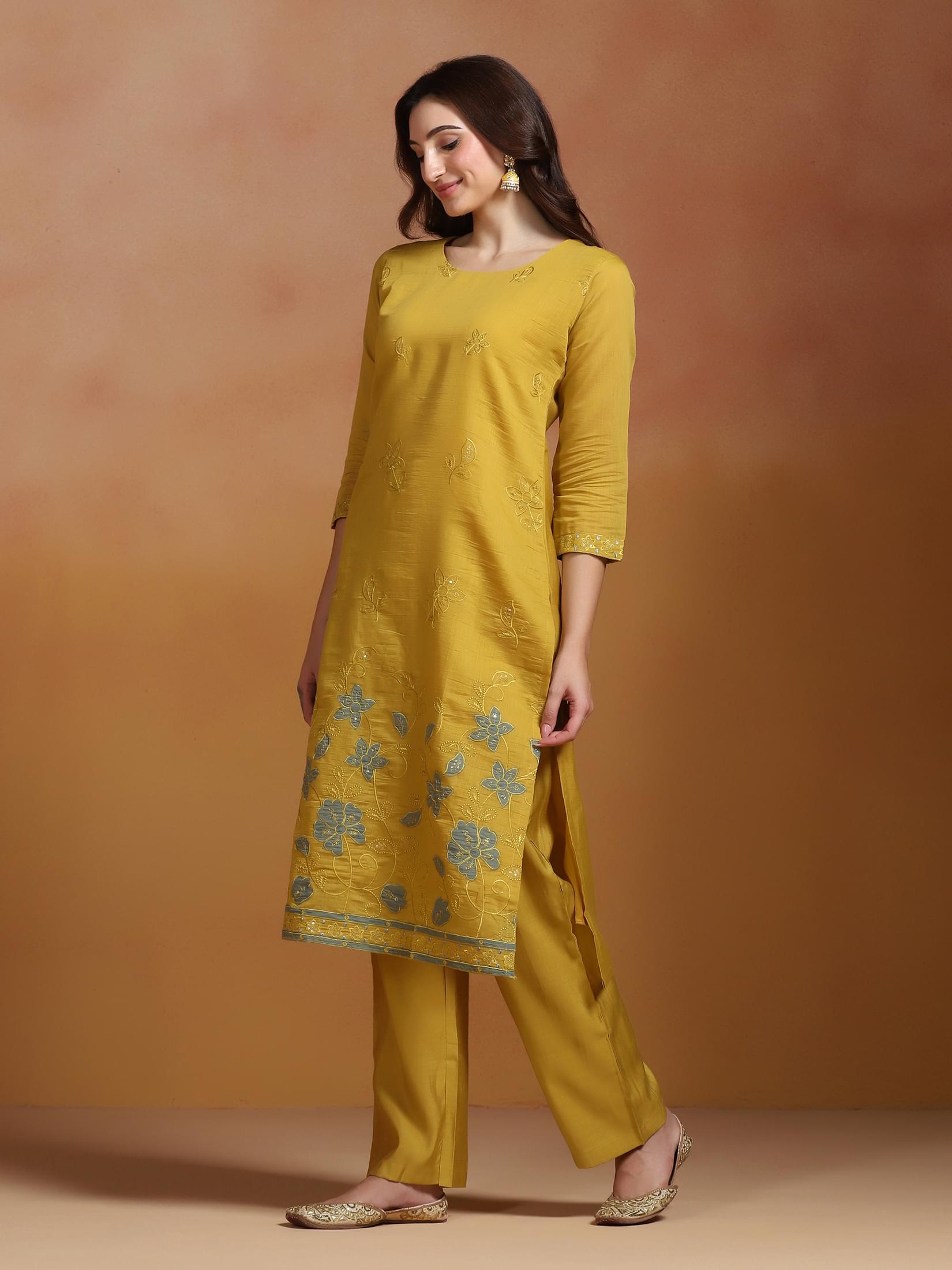 Women Mull Chanderi Mustard Embroidered Kurta Comfort Pant Dupatta.