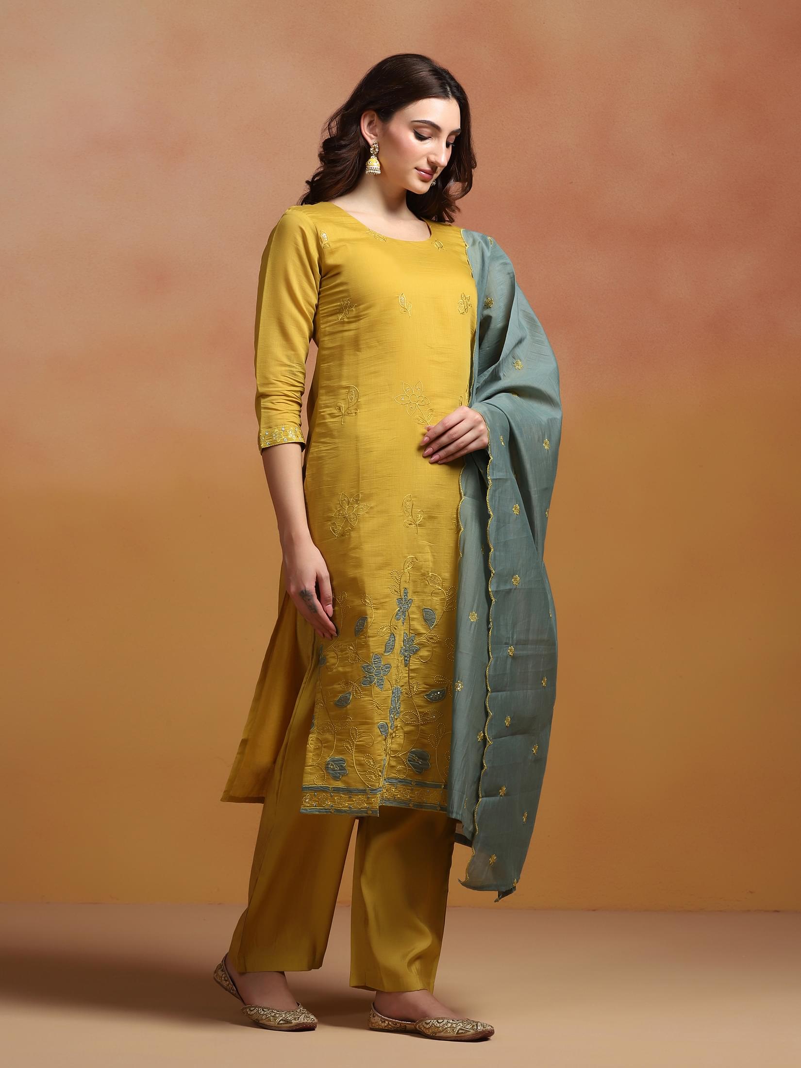 Women Mull Chanderi Mustard Embroidered Kurta Comfort Pant Dupatta.