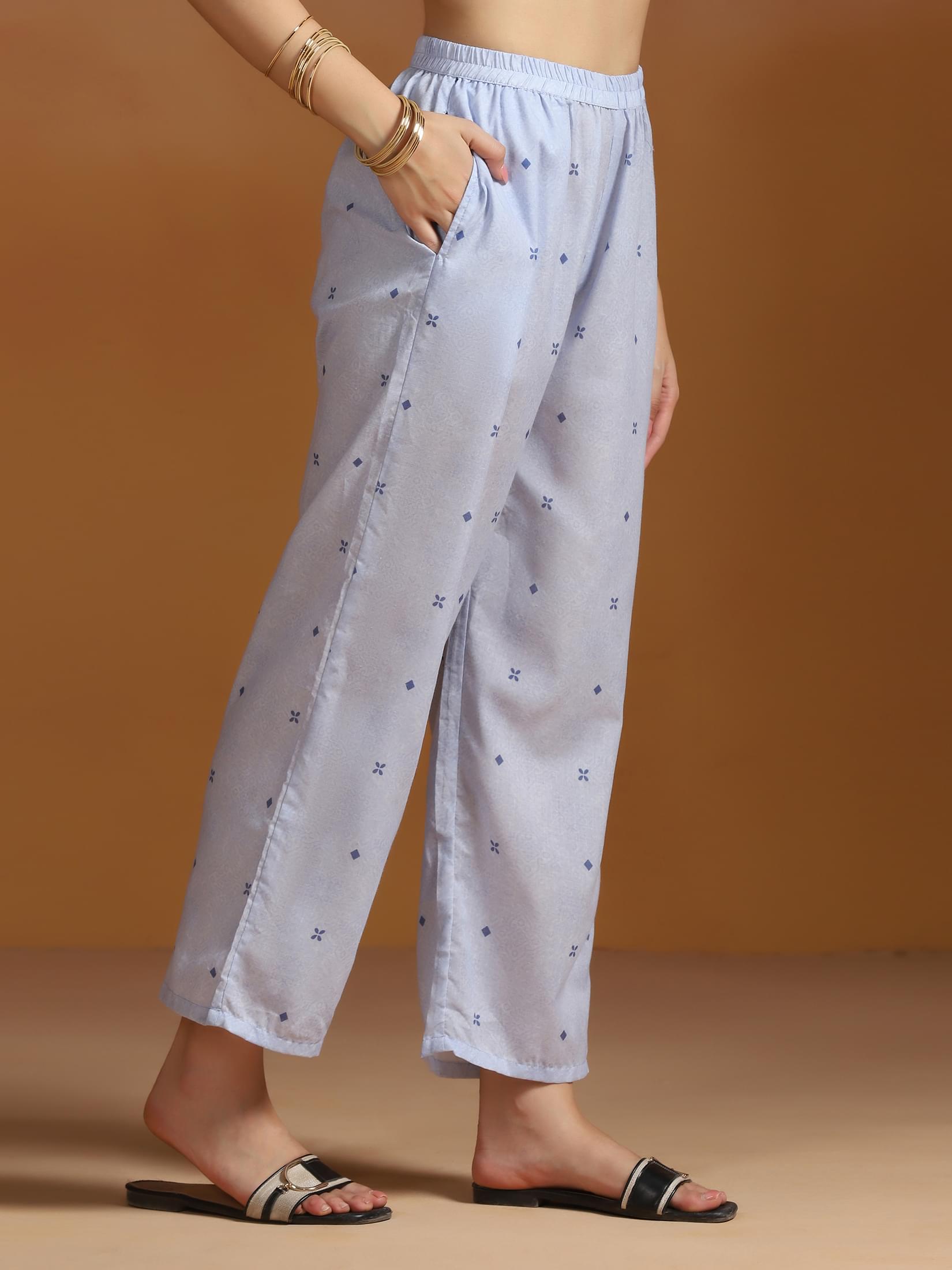 Women Poly Cotton Blue Embroidered Kurta Comfort Pant Dupatta.