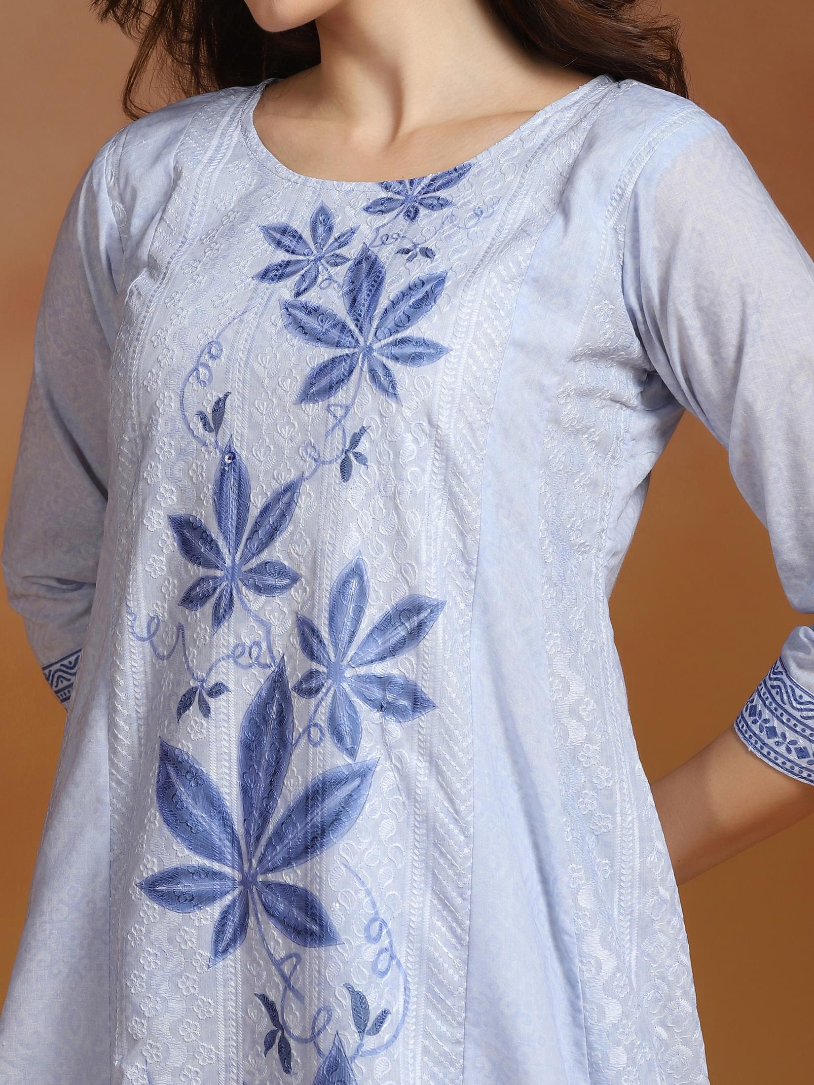 Women Poly Cotton Blue Embroidered Kurta Comfort Pant Dupatta.