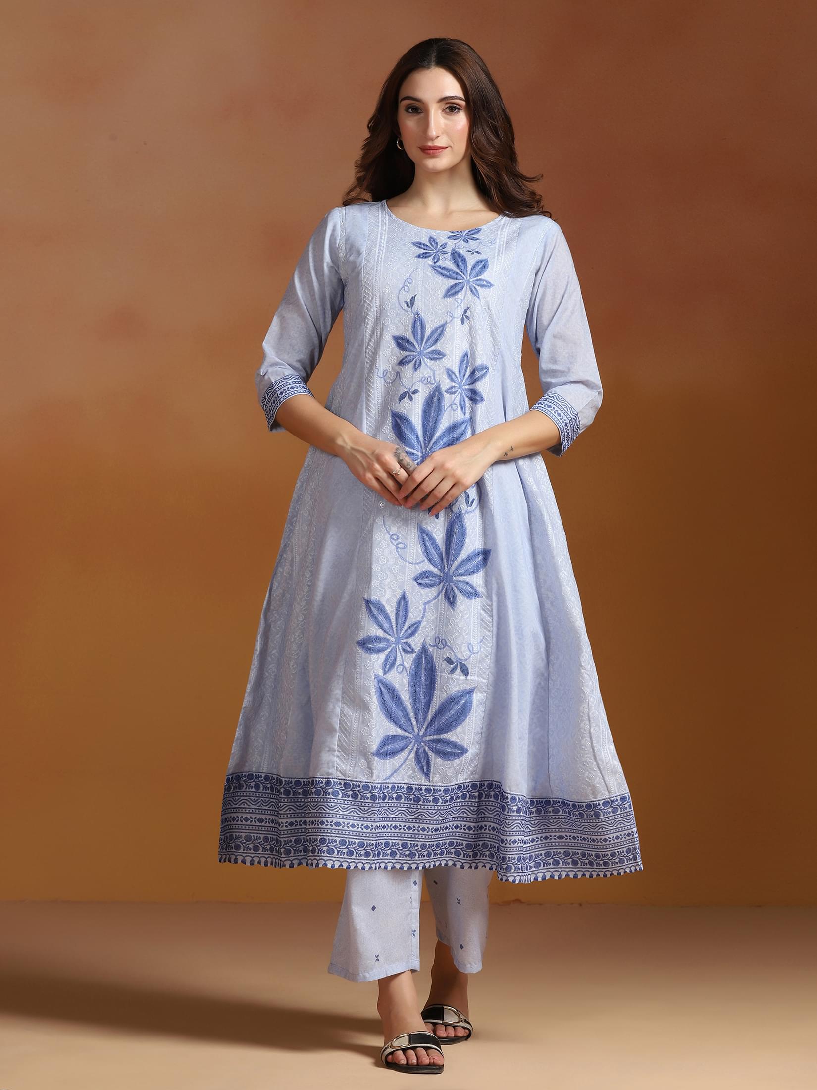 Women Poly Cotton Blue Embroidered Kurta Comfort Pant Dupatta.