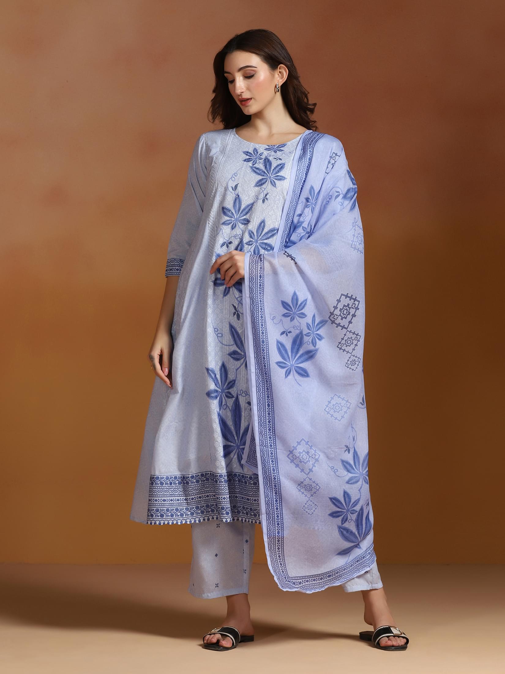 Women Poly Cotton Blue Embroidered Kurta Comfort Pant Dupatta.