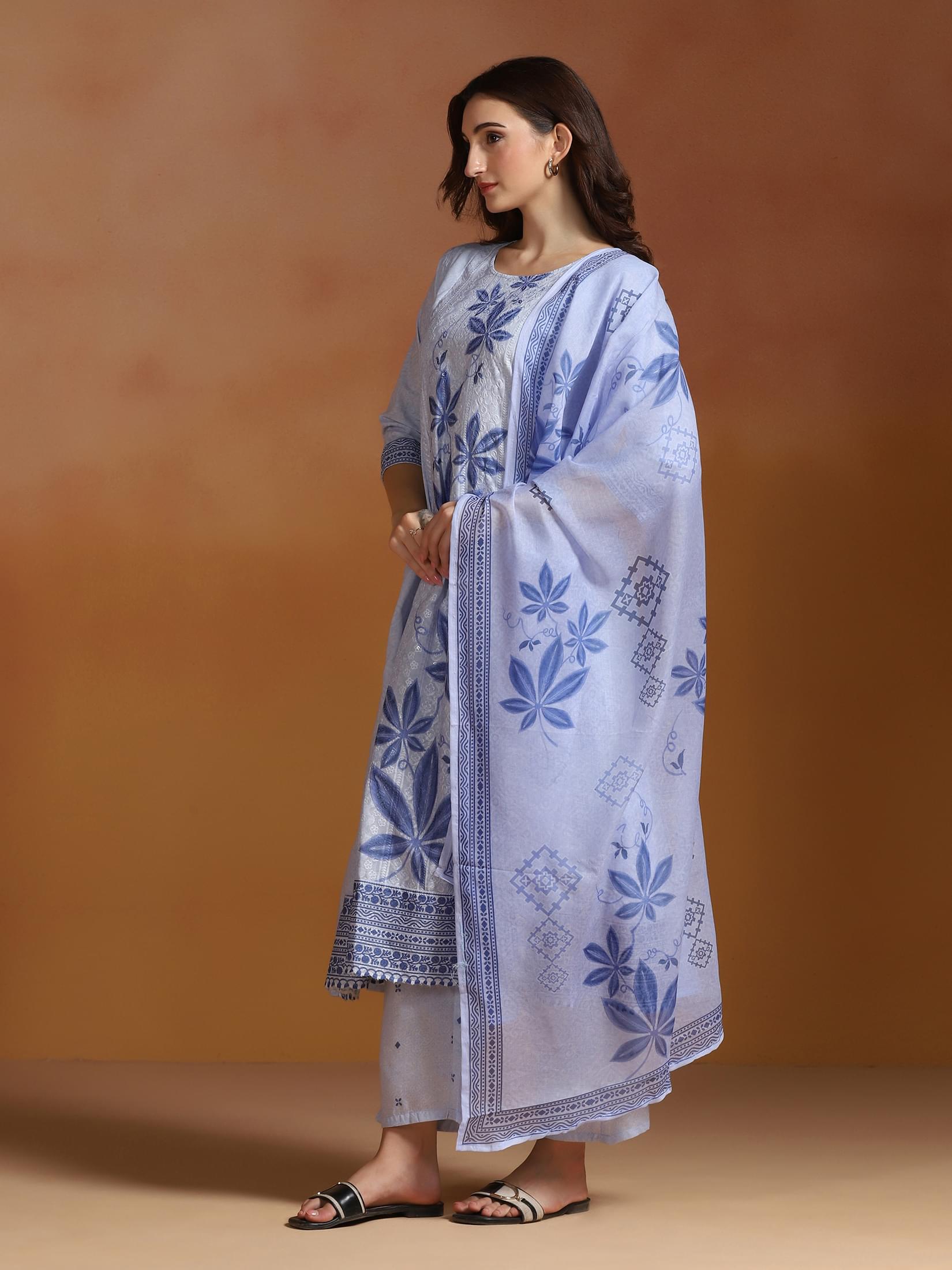 Women Poly Cotton Blue Embroidered Kurta Comfort Pant Dupatta.