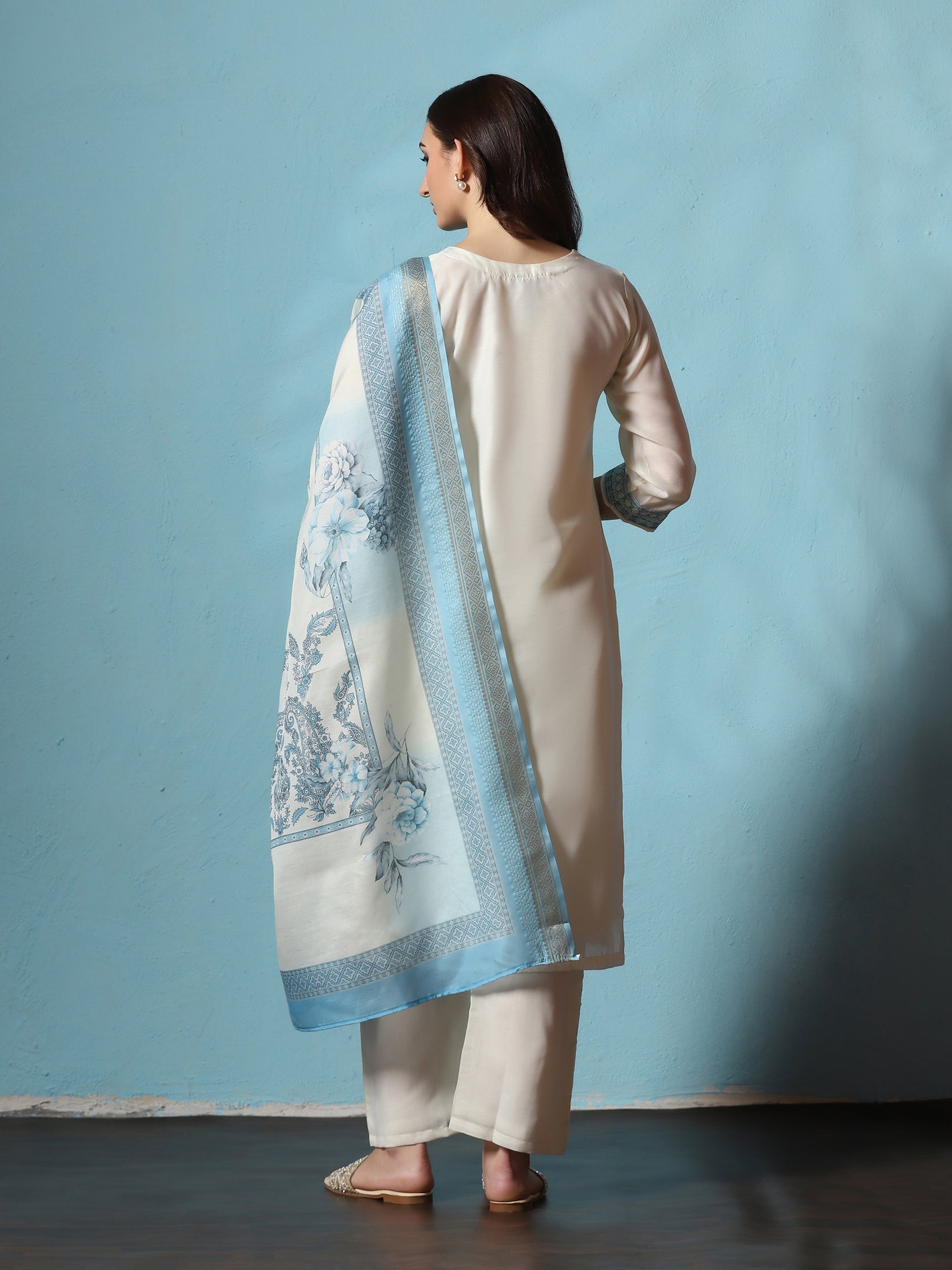 Women Chanderi Off-white Blue Embroidered Kurta Comfort Pant Dupatta