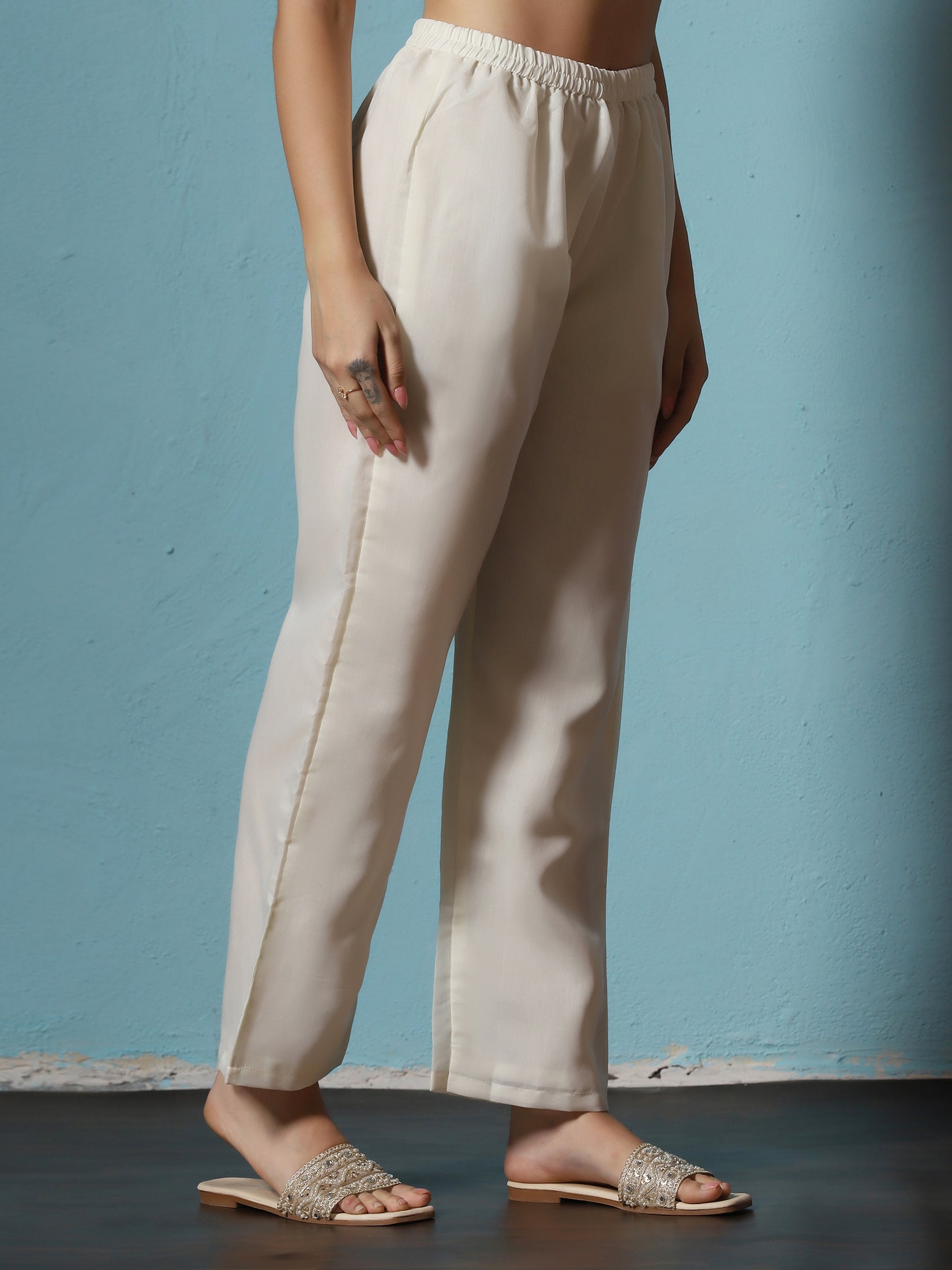 Women Chanderi Off-white Blue Embroidered Kurta Comfort Pant Dupatta