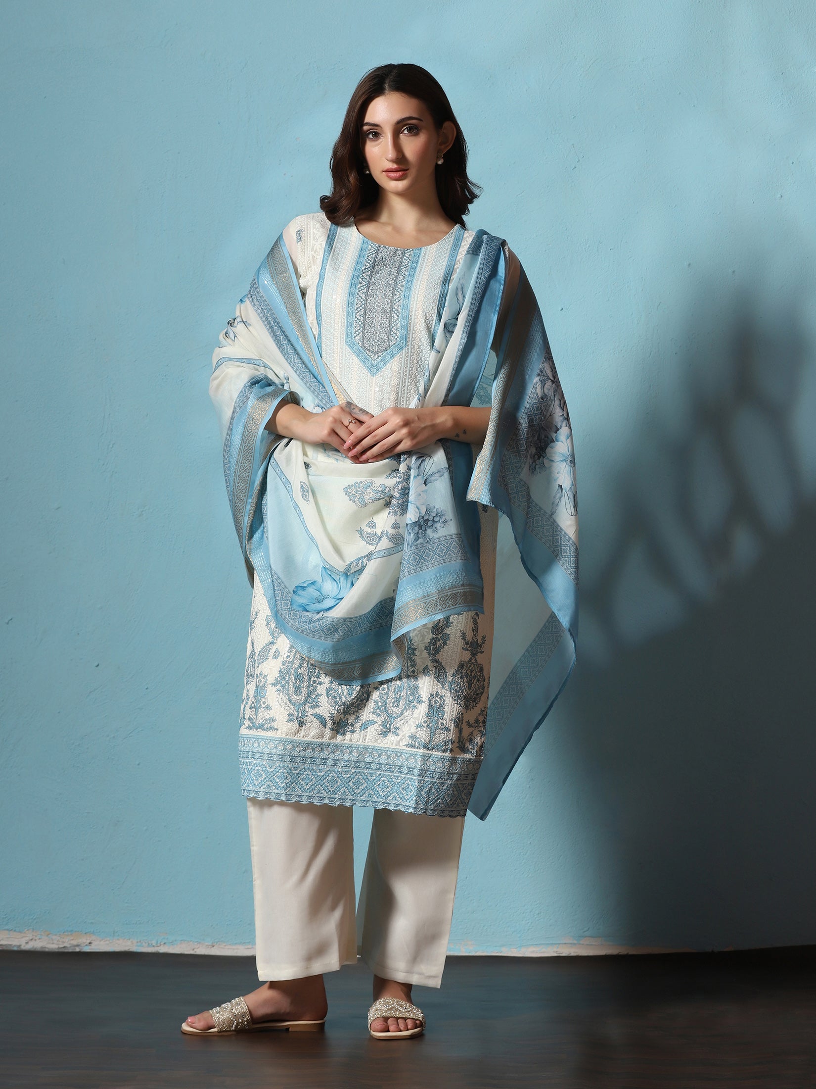 Women Chanderi Off-white Blue Embroidered Kurta Comfort Pant Dupatta