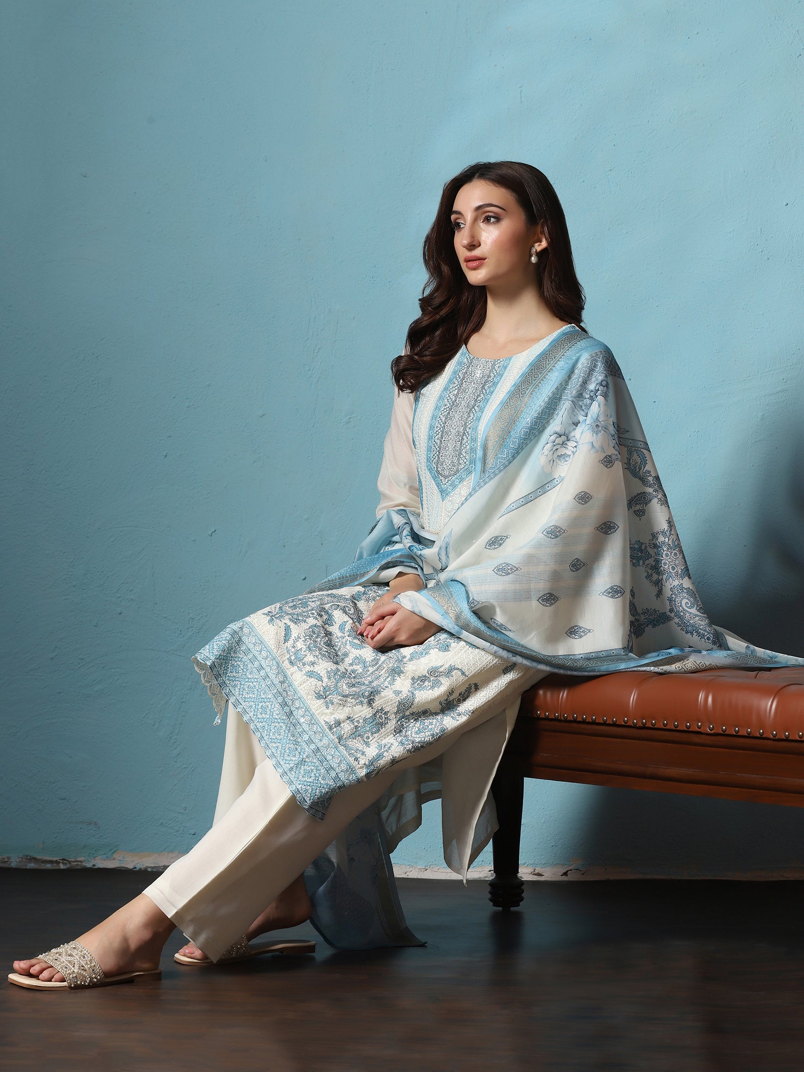 Women Chanderi Off-white Blue Embroidered Kurta Comfort Pant Dupatta