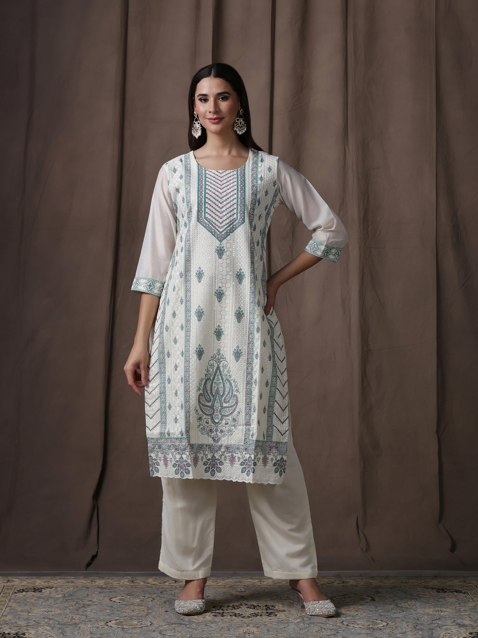 Women Chanderi Off-white Green Embroidered Kurta Comfort Pant Dupatta