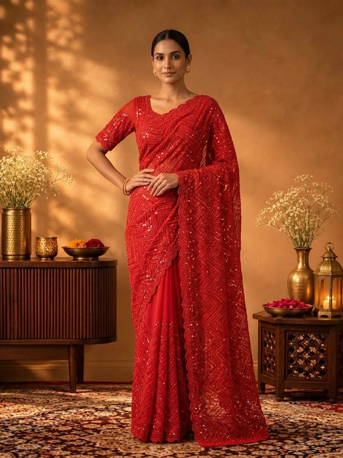 Women Red Viscose Adda Work Saree