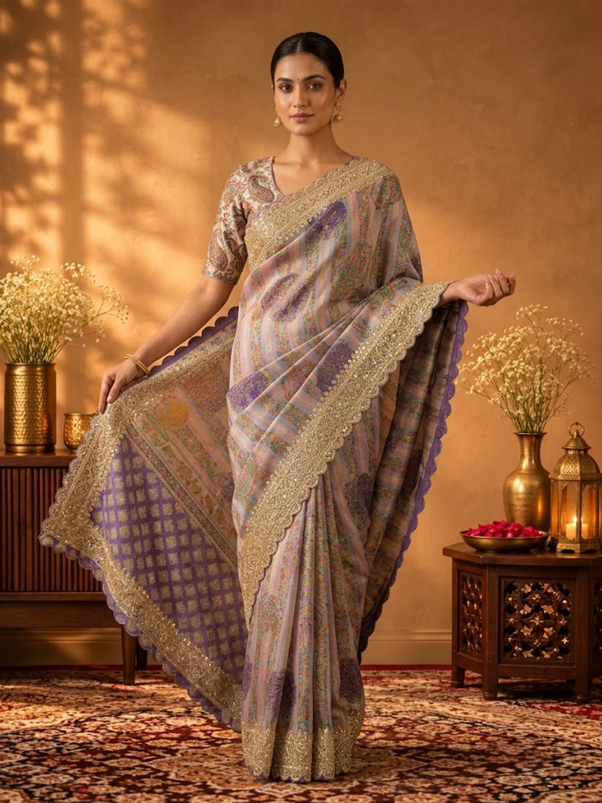 Women Lilac Multi Viscose Floral Print Saree