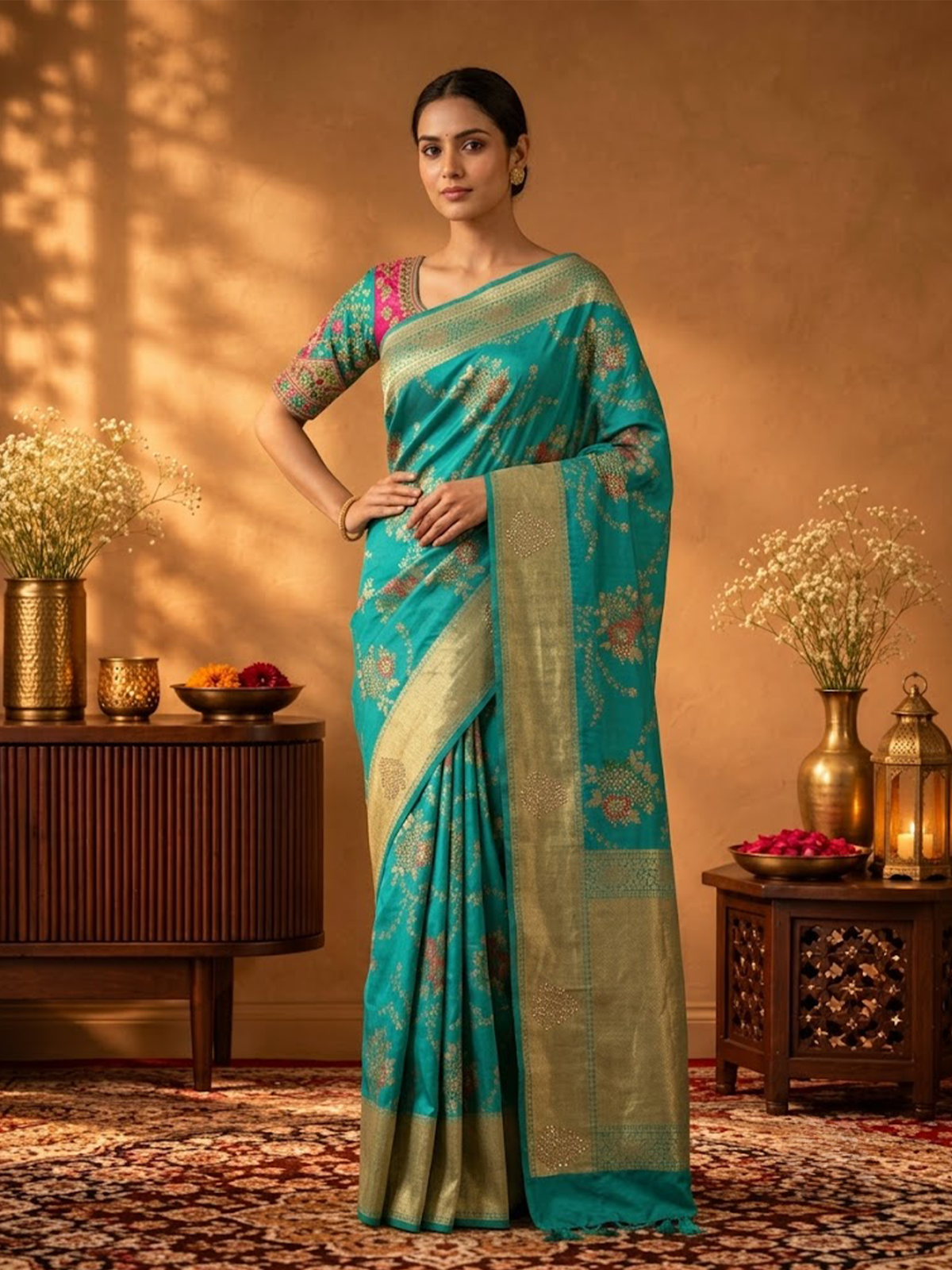Women Turquoise Viscose Jacquard Adda Work Saree