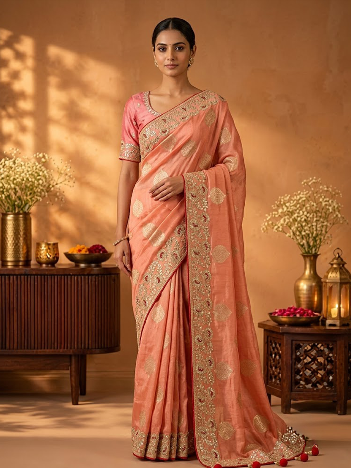 Women Peach Viscose Jacquard Saree