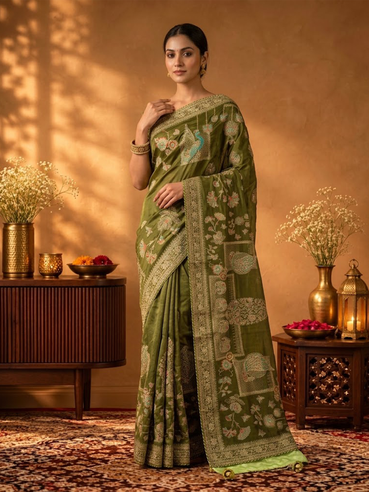 Women Green Viscose Jacquard Saree