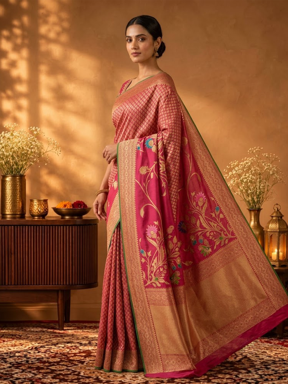 Women Berry Pink Viscose Jacquard Adda Work Saree
