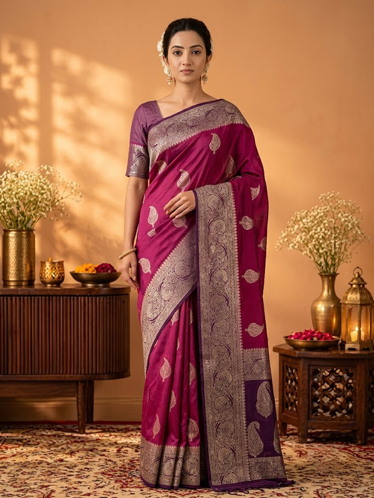 Women Pink & Purple Viscose Floral Jacquard Saree
