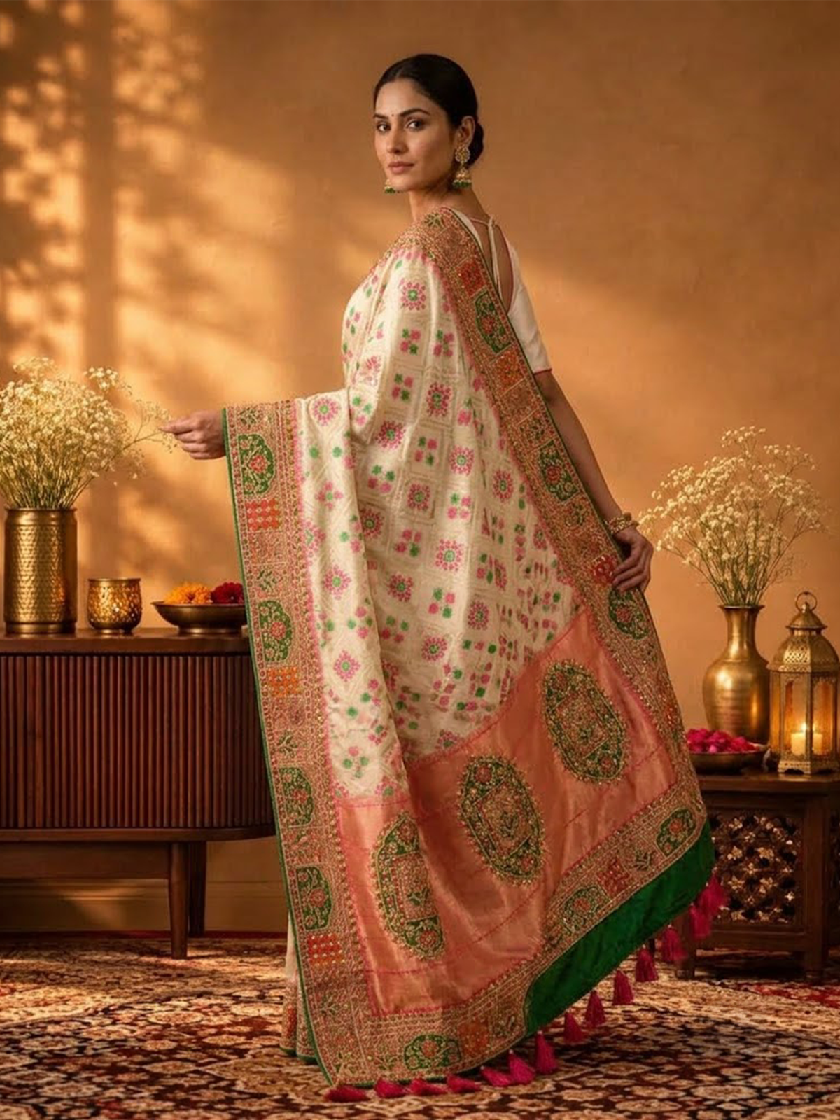 Women Off White Multi Viscose Patola Dori Work Saree