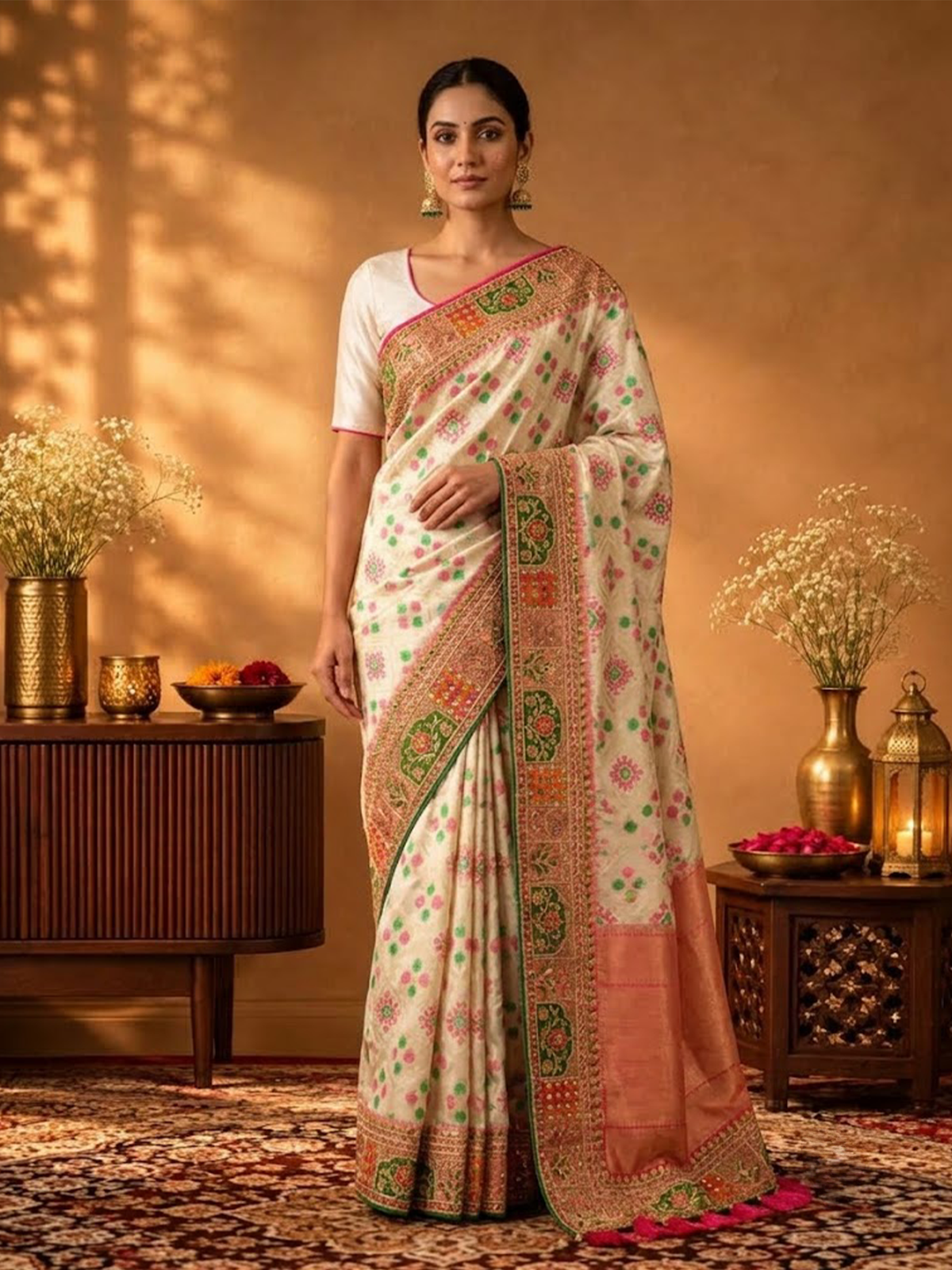 Women Off White Multi Viscose Patola Dori Work Saree