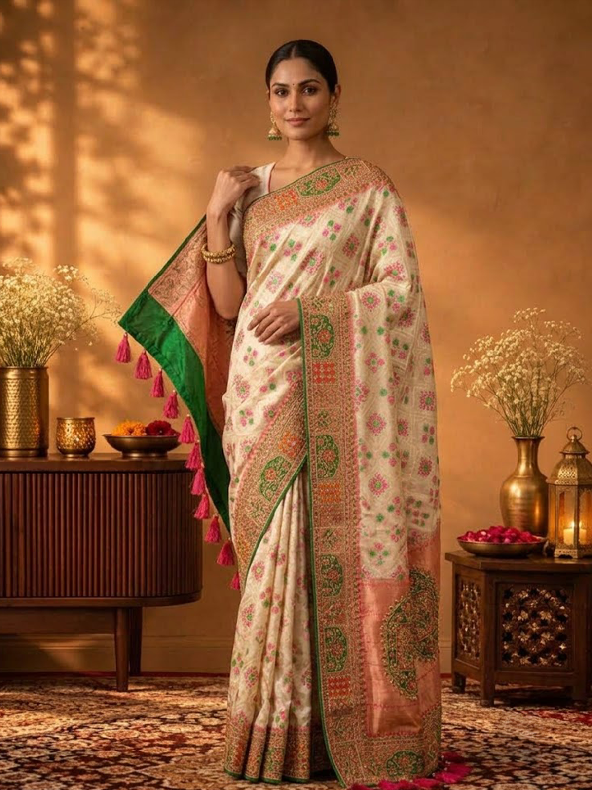 Women Off White Multi Viscose Patola Dori Work Saree