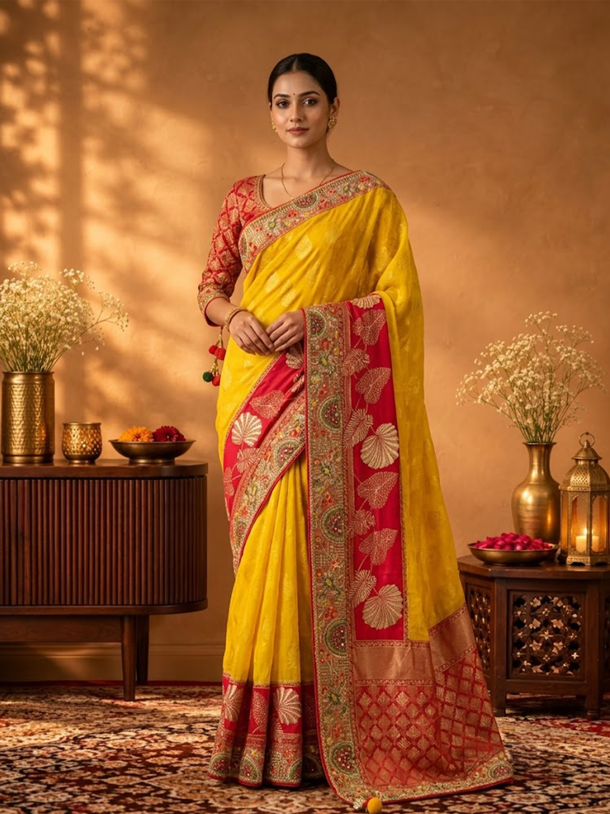 Women Yellow & Pink Viscose Jacquard Dori Adda Work Saree