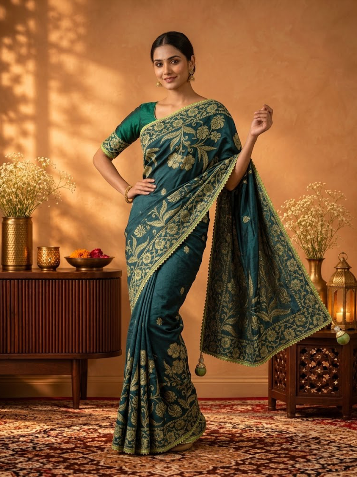 Women Bottle Green Viscose Jacquard Cut Dena Work Saree