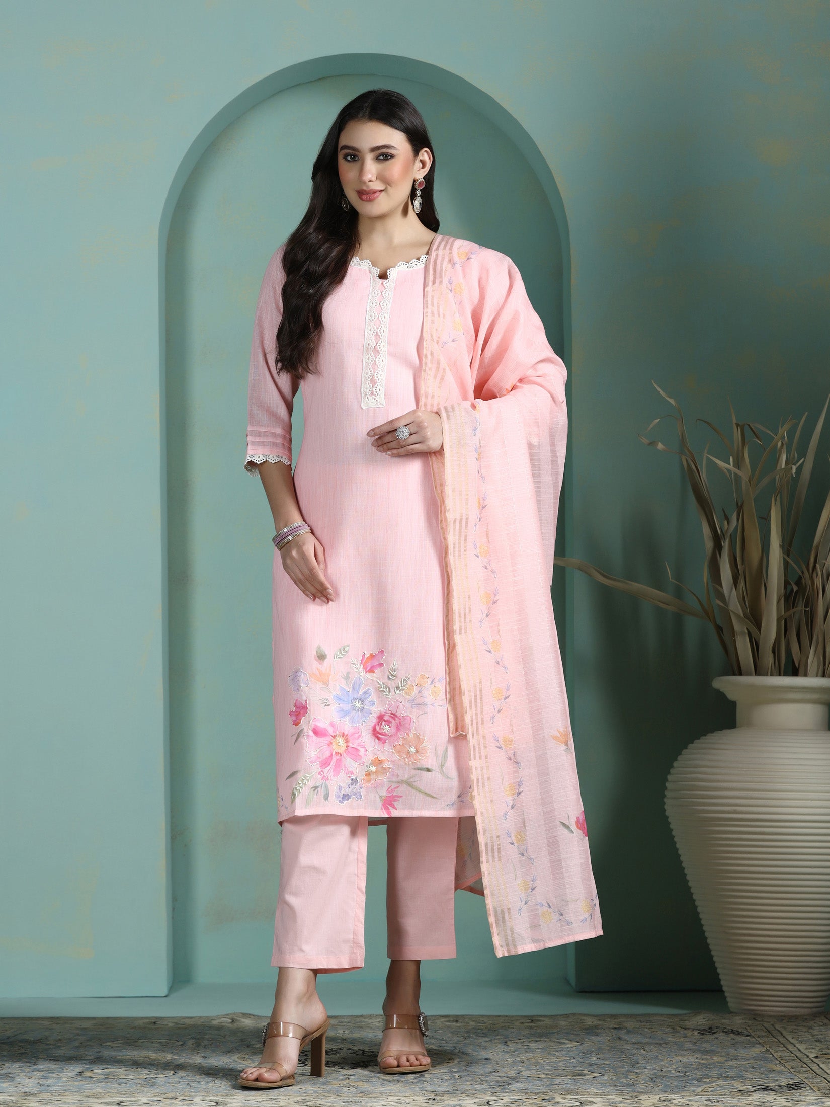 Women Linen Pink Solid Kurta Comfort Pant Dupatta