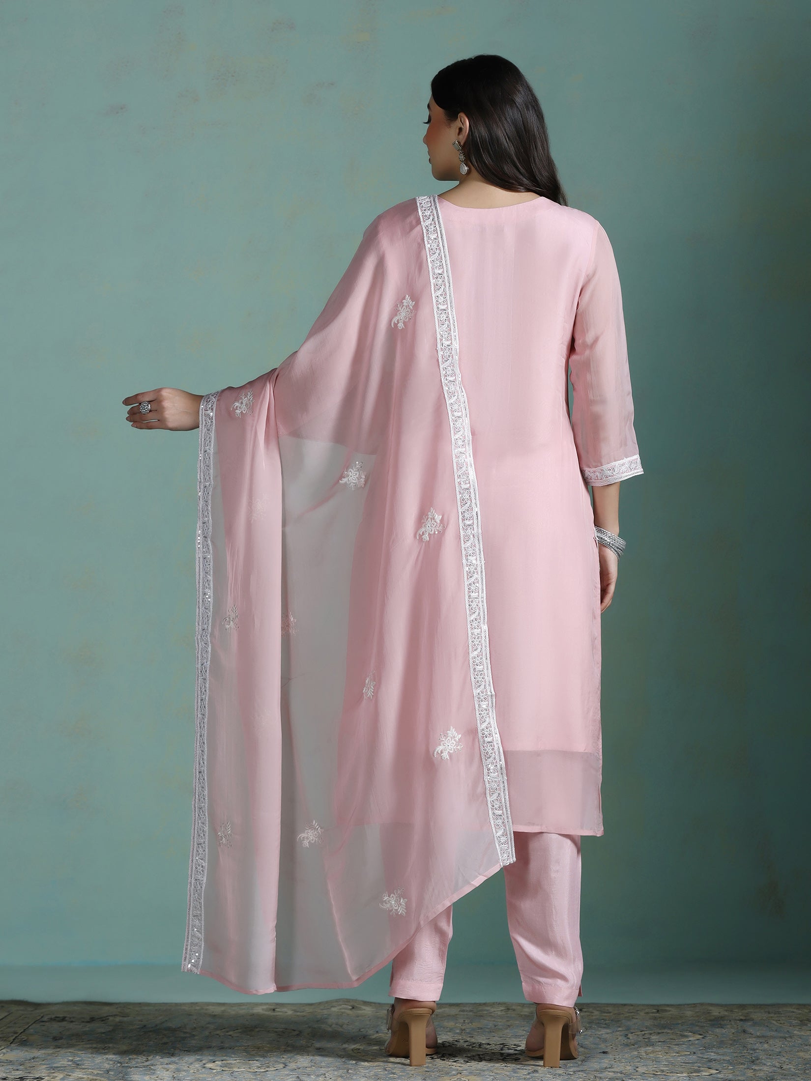 Women Organza Pink Embroidered Kurta Comfort Pant Dupatta