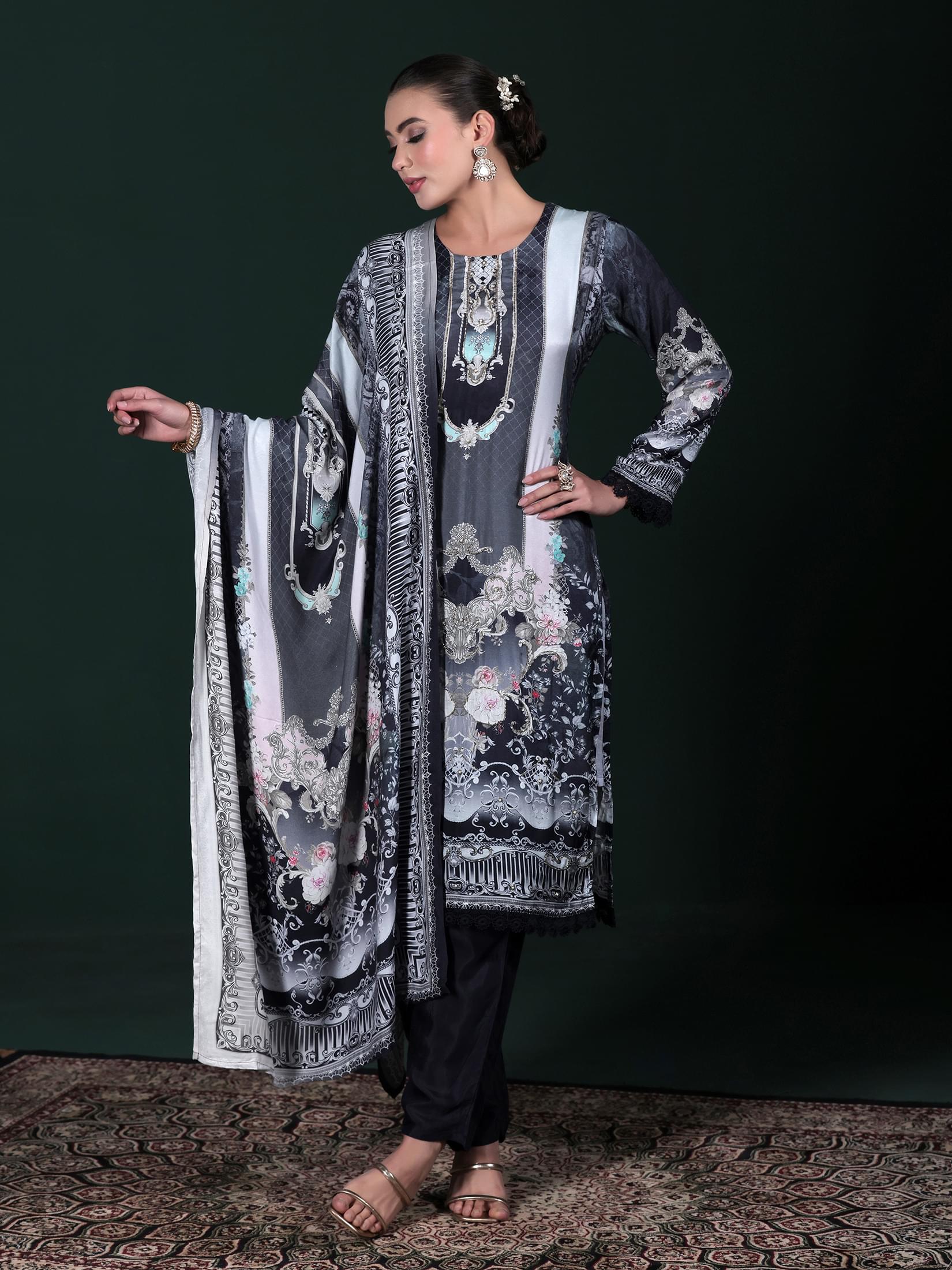 Women Viscose Muslin Blue Printed Kurta Comfort Pant Dupatta.