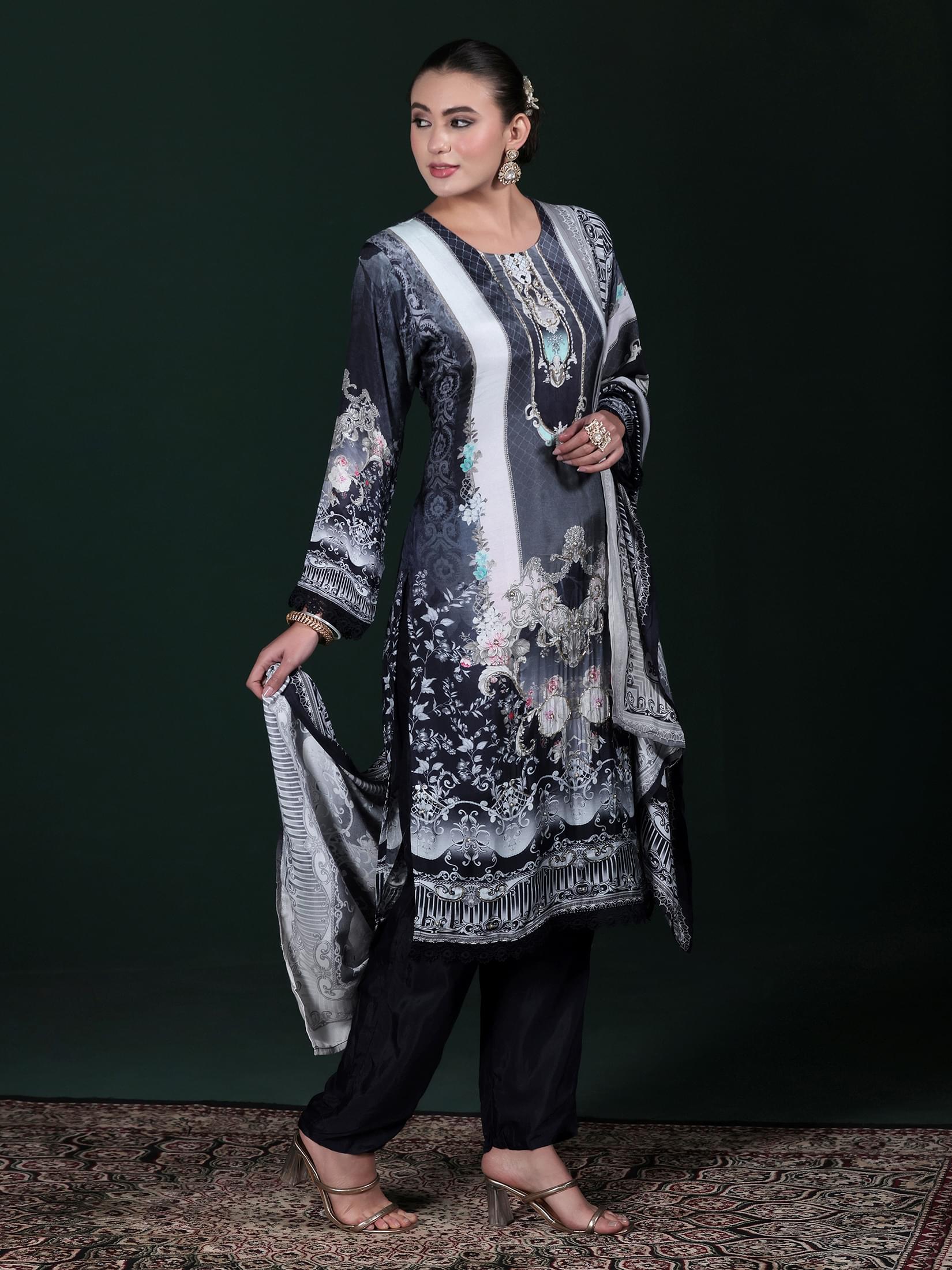 Women Viscose Muslin Blue Printed Kurta Comfort Pant Dupatta.