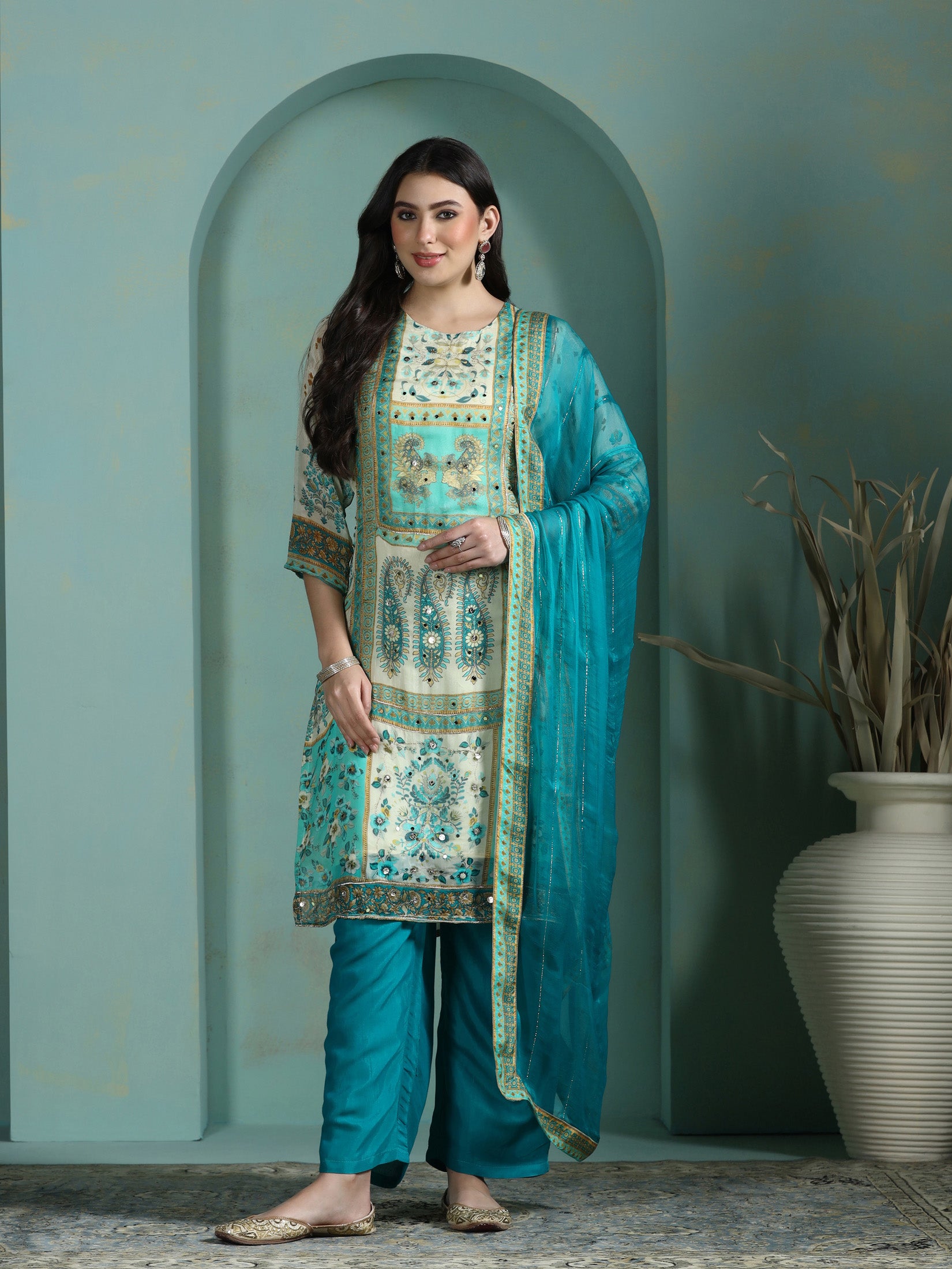 Women Georgette Cream Printed Kurta Comfort Pant Dupatta