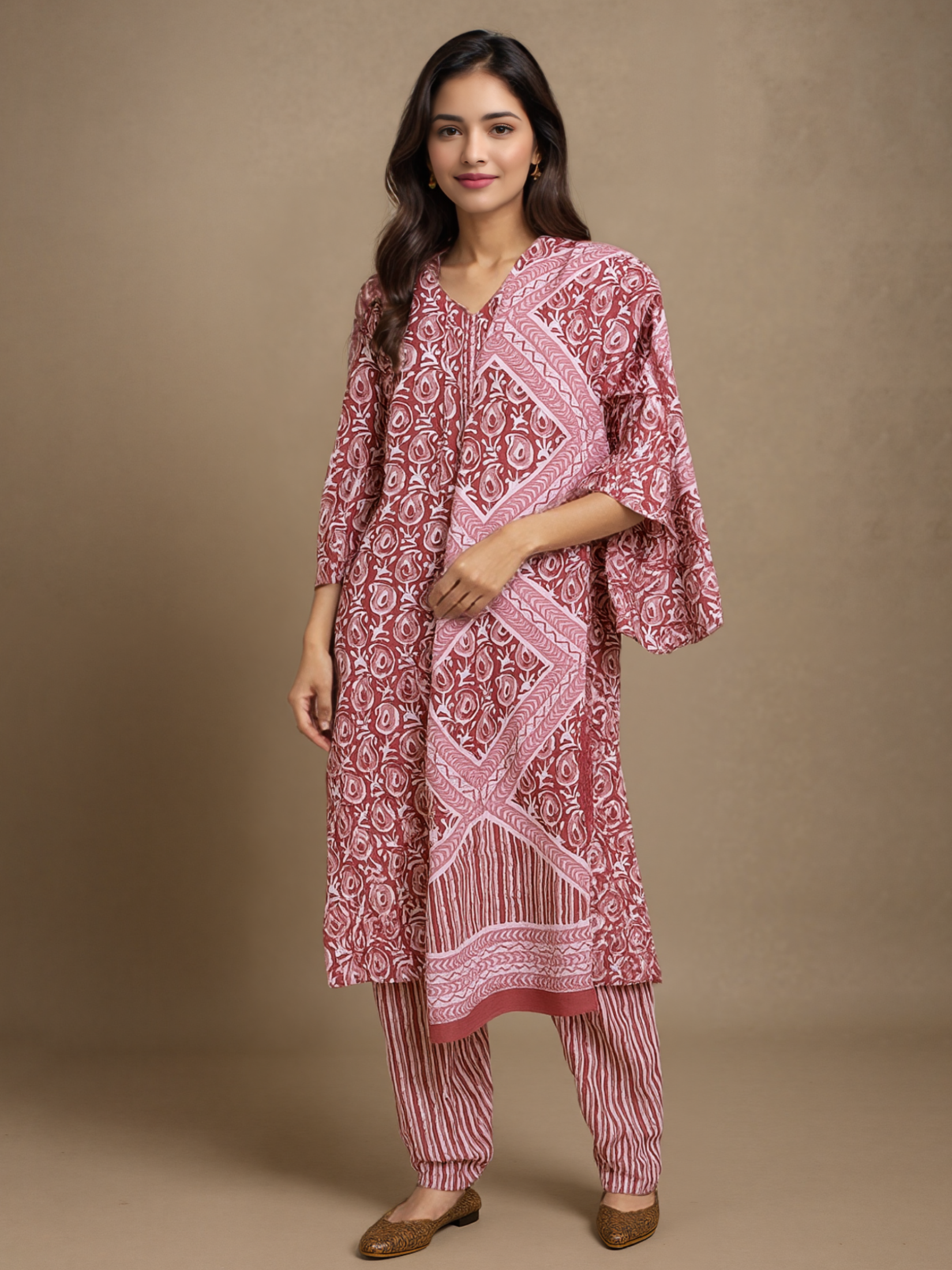 Indiessence Women Cotton Pink Floral Print Kurta Comfort Pant Dupatta