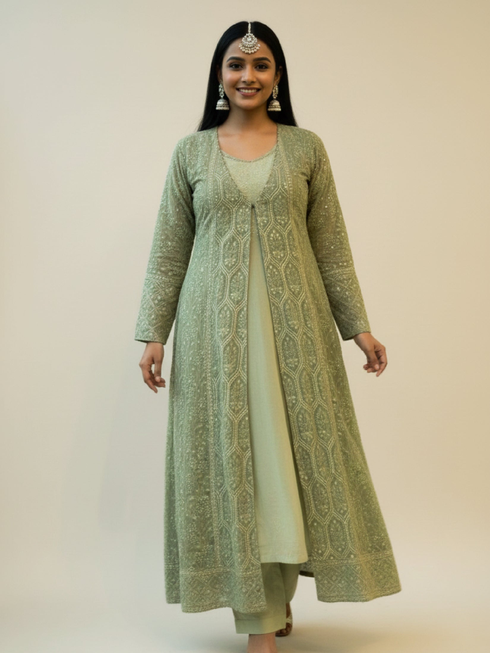 Women Green Georgette Embroidered Fit And Flare Dress