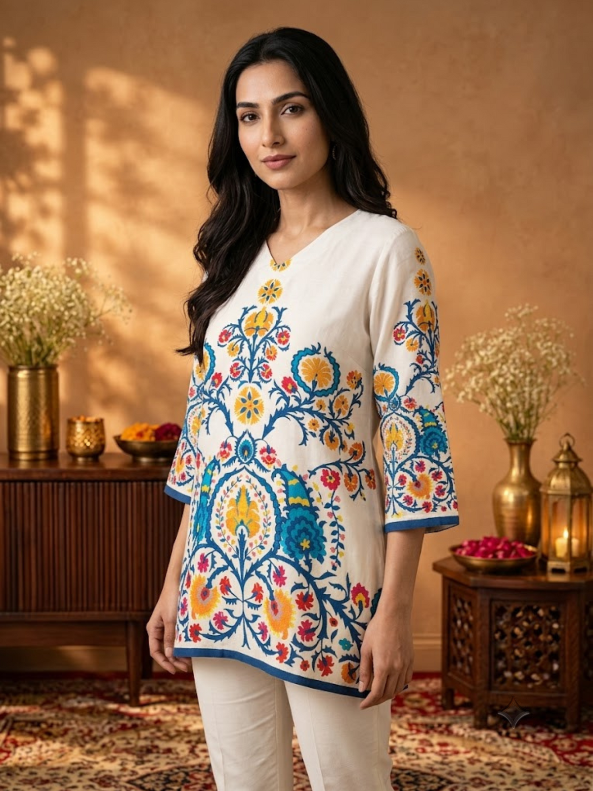 Women Off White Rayon Sujani Tunic