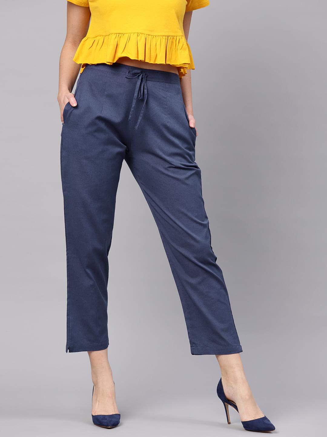Women Blue Cotton Solid Summer Trouser.