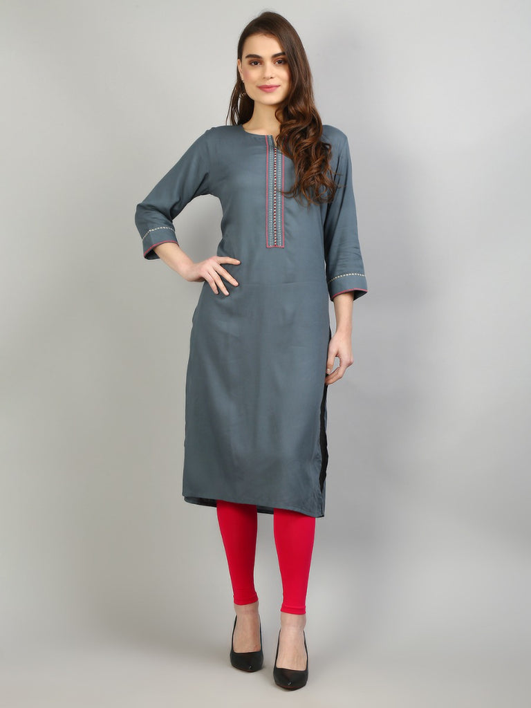Buy STYLE SAMSARA Women's Straight Ethnic Wear Cotton Blend Stitched Kurti  with Bottom (Regular 3/4th Sleeve, Straight Knee Length, Round Neck Kurti,  Elasticated Pant) (Grey) (X-Small) at Amazon.in
