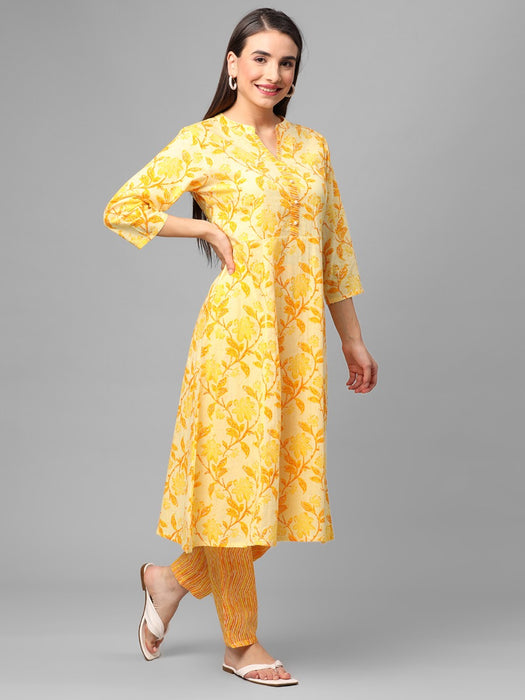 Twara yellow unique motifs printed Chinese collar & 3/4th sleeve rayon  straight-cut long kurti