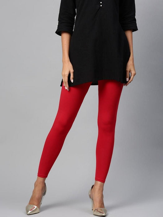 Women Solid Bright Red Ankle Length Leggings